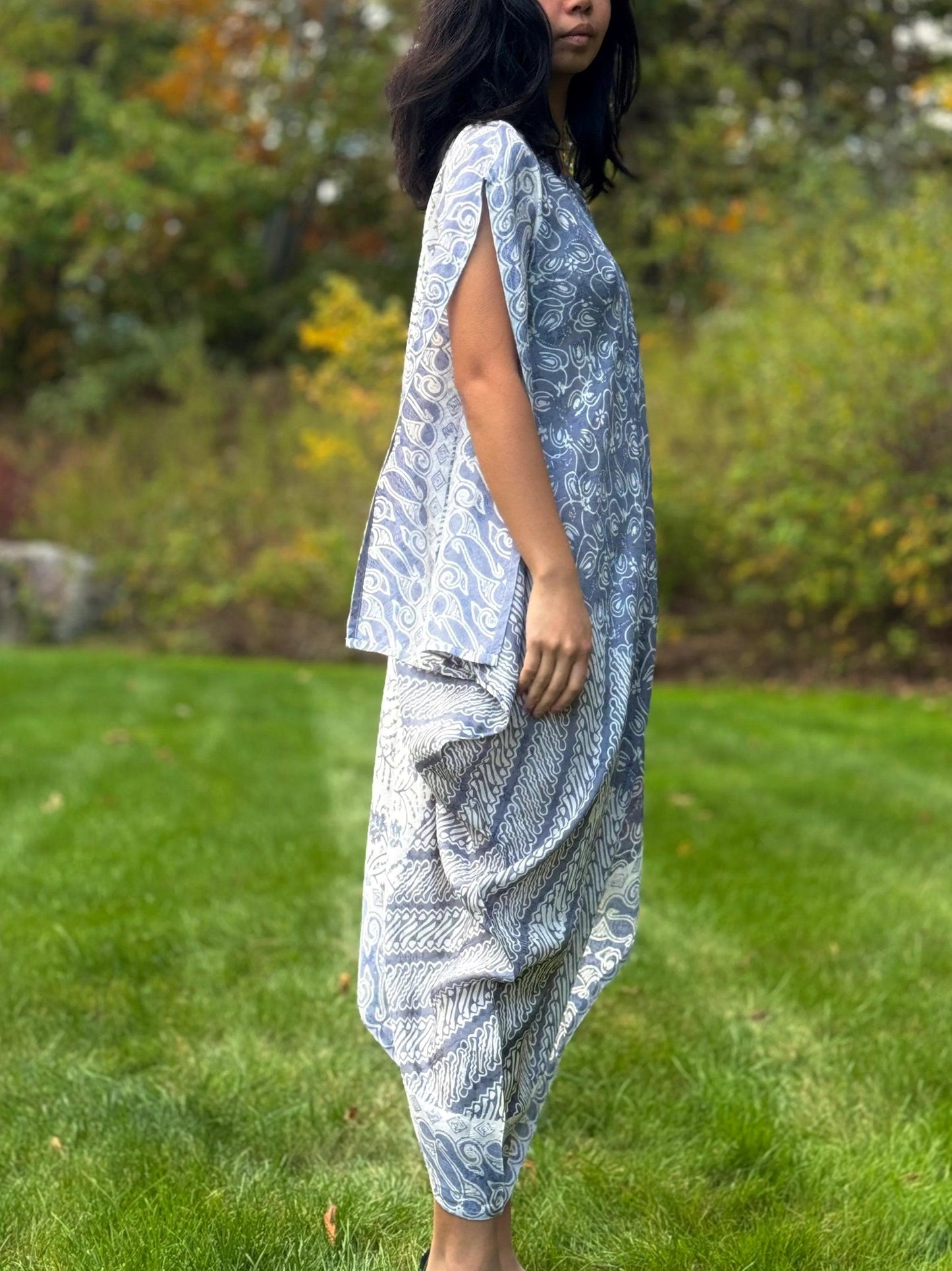Light Blue Asymmetrical Viscose Caftan Tunic Dress Cover Up Side- Mutiara Heritage