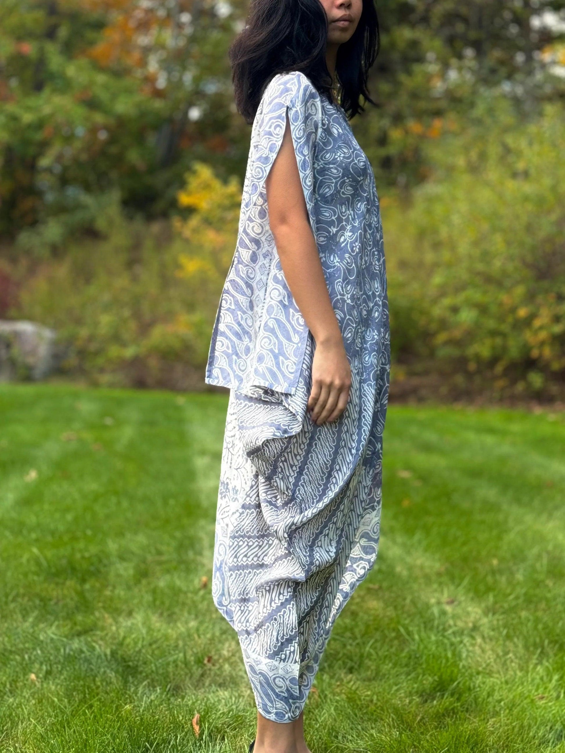 Light Blue Asymmetrical Viscose Caftan Tunic Dress Cover Up Side- Mutiara Heritage