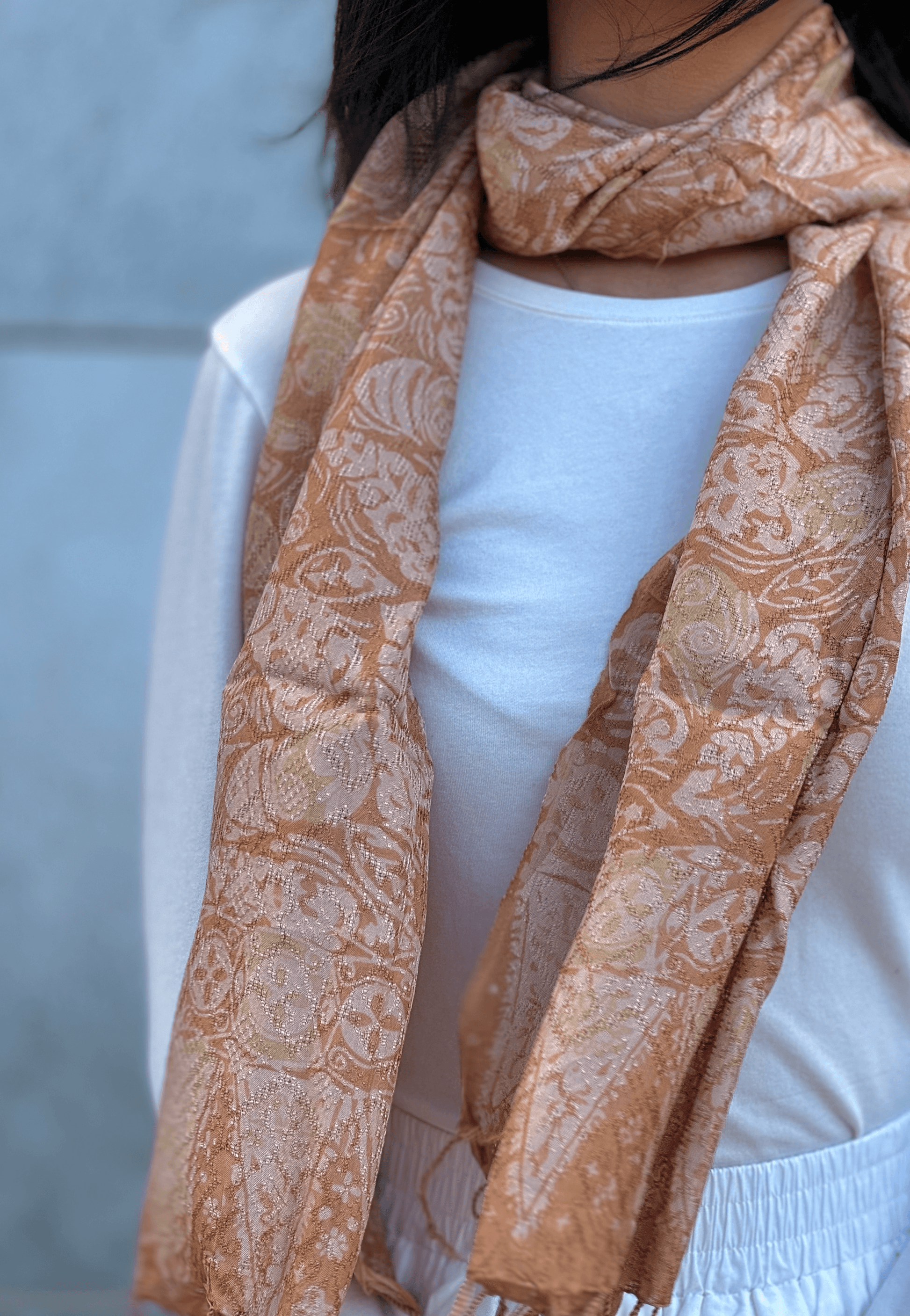 Light Orange Soft Silk-like Lightweight Viscose Stamped Batik Classic Style Scarf - Mutiara Heritage
