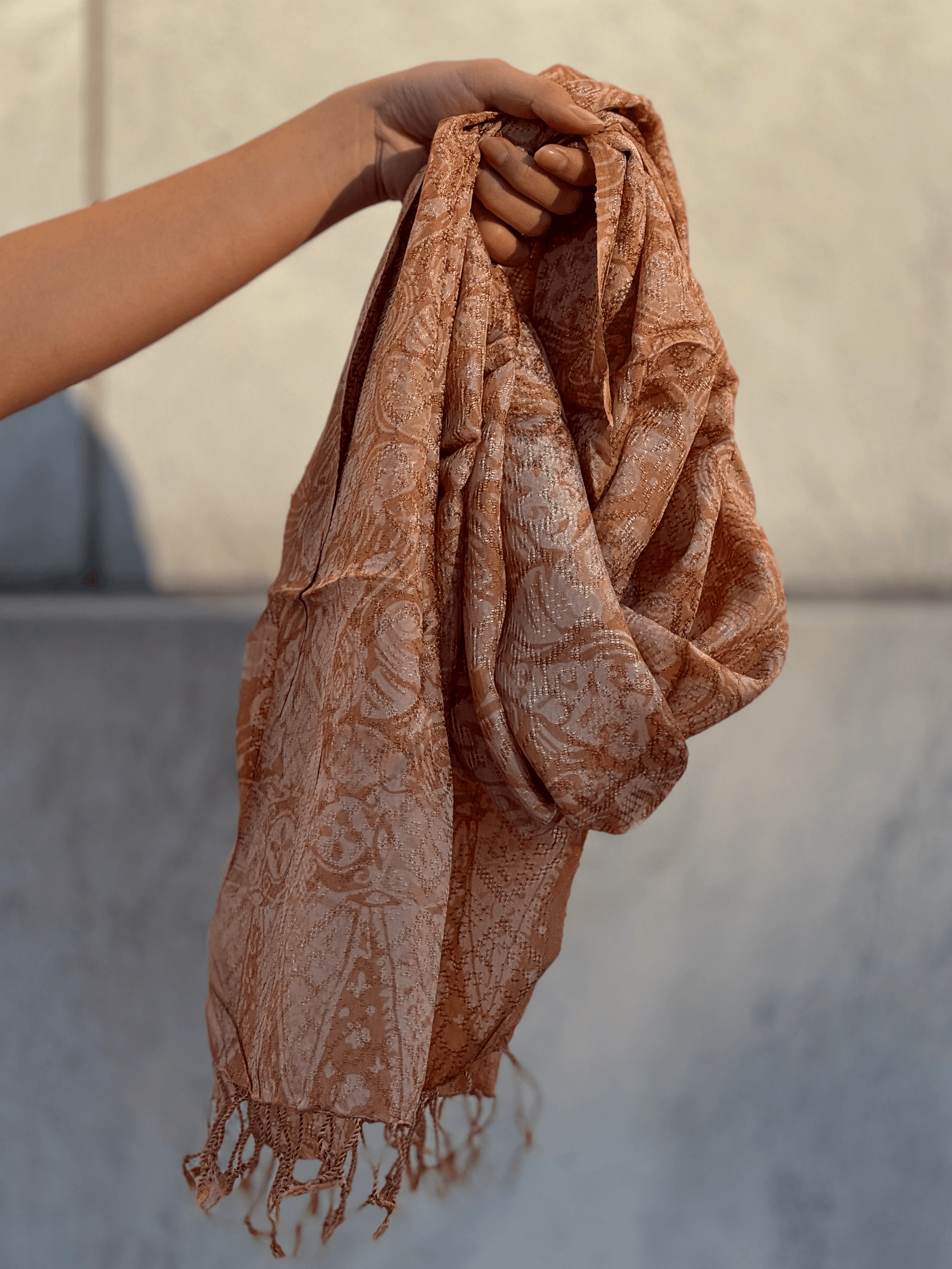 Styled Shot of Light Orange Viscose Batik Scarf - Mutiara Heritage 