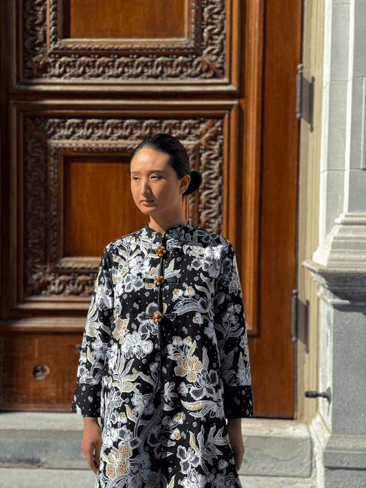 Maya Cotton Long-Sleeve Women's Dress with Mandarin Neckline  - Mutiara Heritage