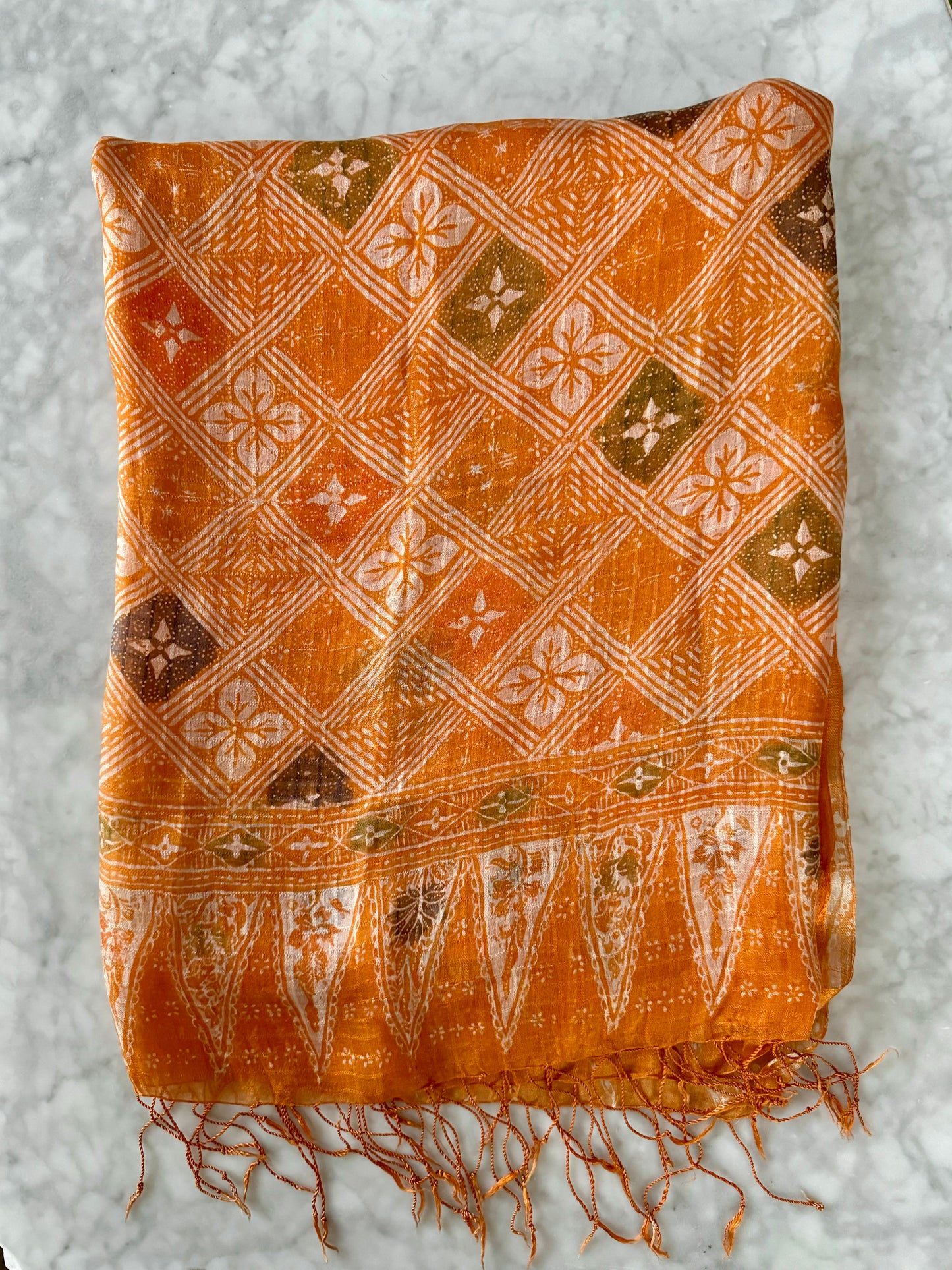 Orange Silk Chiffon Scarf with Squares and Flower Pattern  Flat Shot| Mutiara Heritage