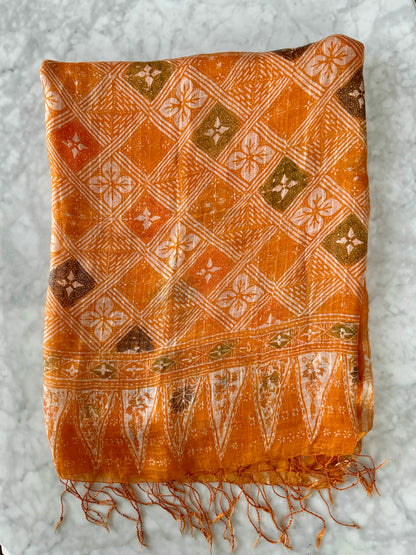 Orange Silk Chiffon Scarf with Squares and Flower Pattern  Flat Shot| Mutiara Heritage