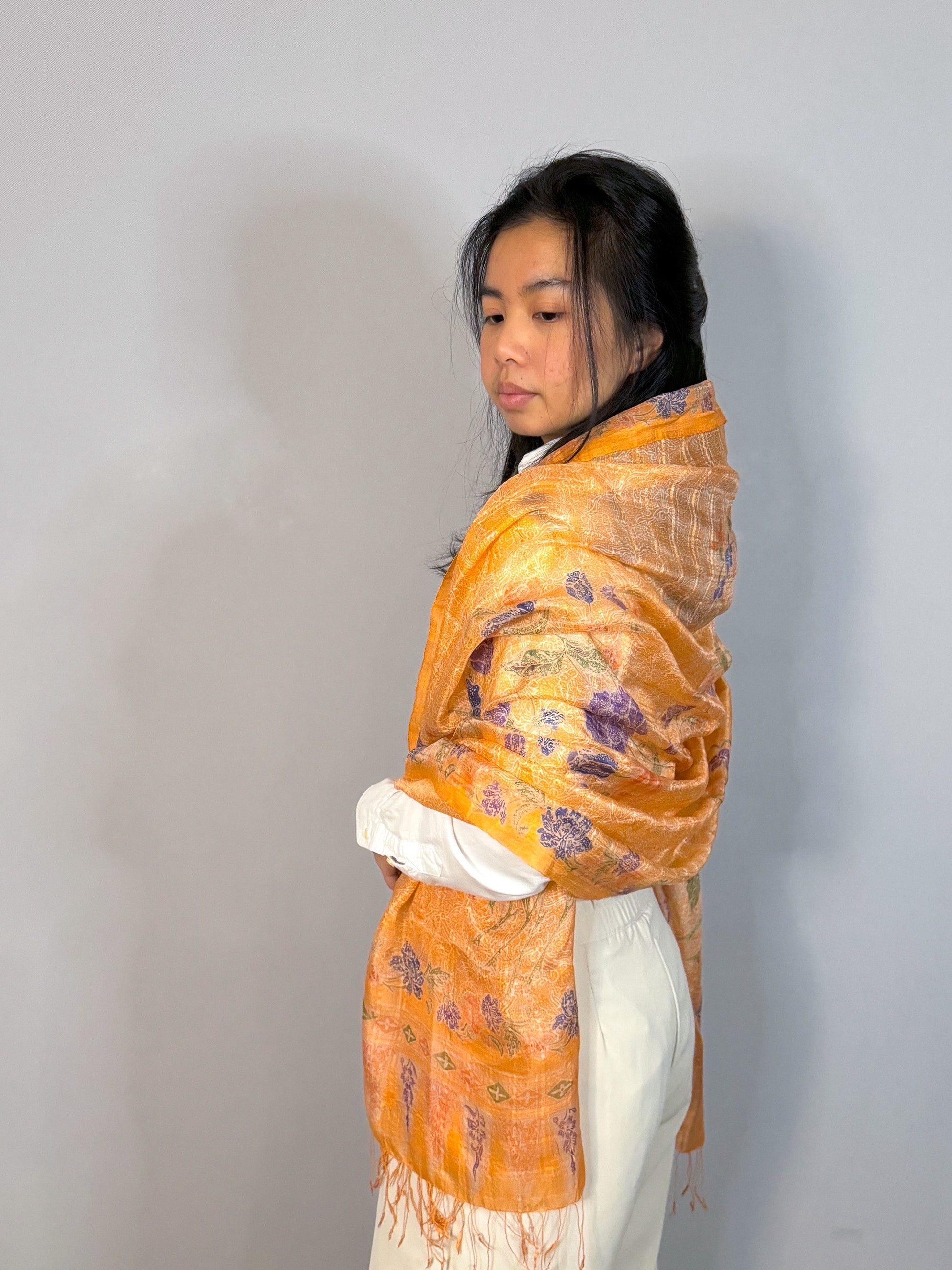 Peach Silk Chiffon Scarf Hand Stamped Batik Worn | Mutiara Heritage