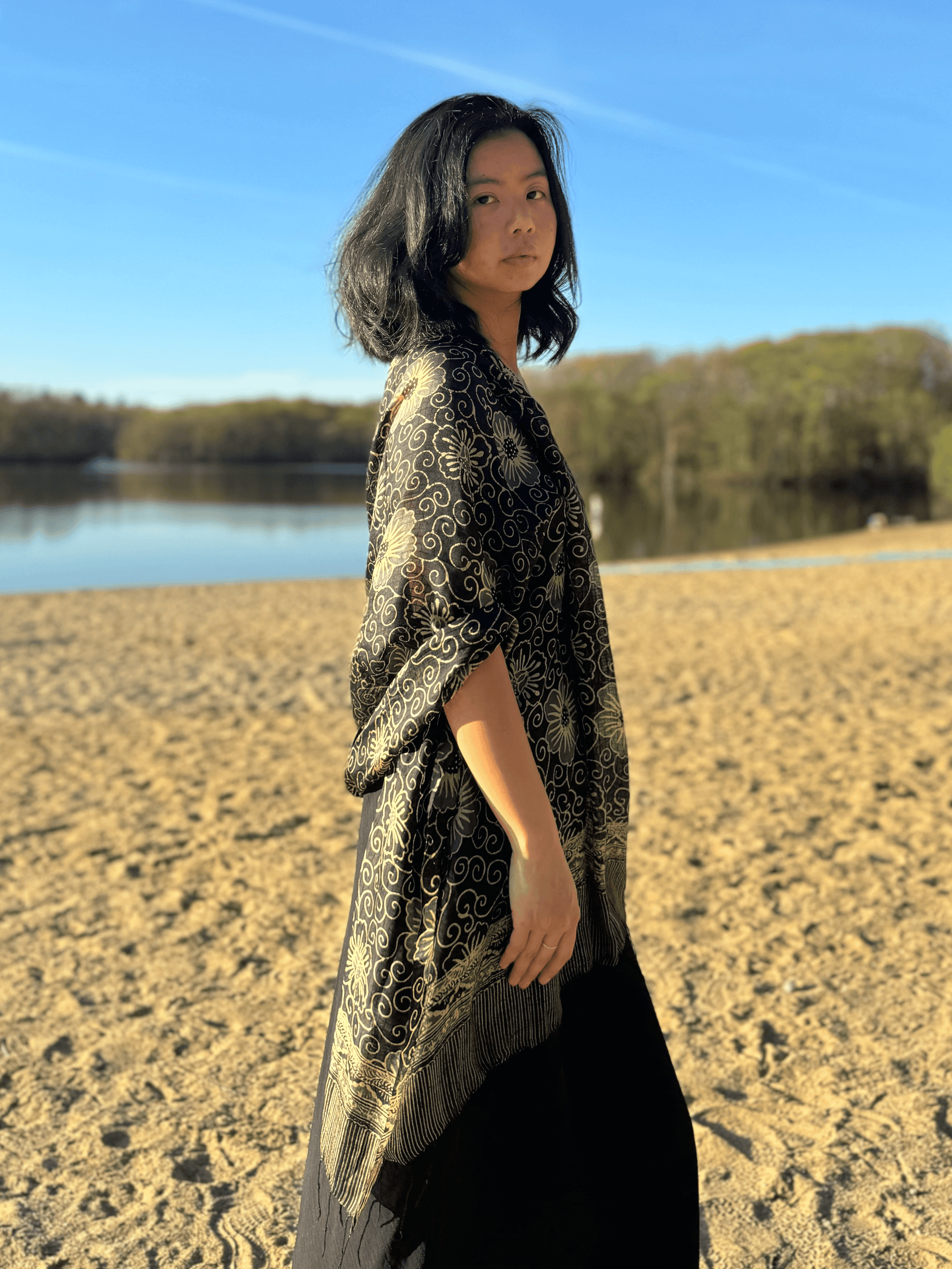 "Pansy" Medium Batik Black Silk Scarves | Mutiara Heritage