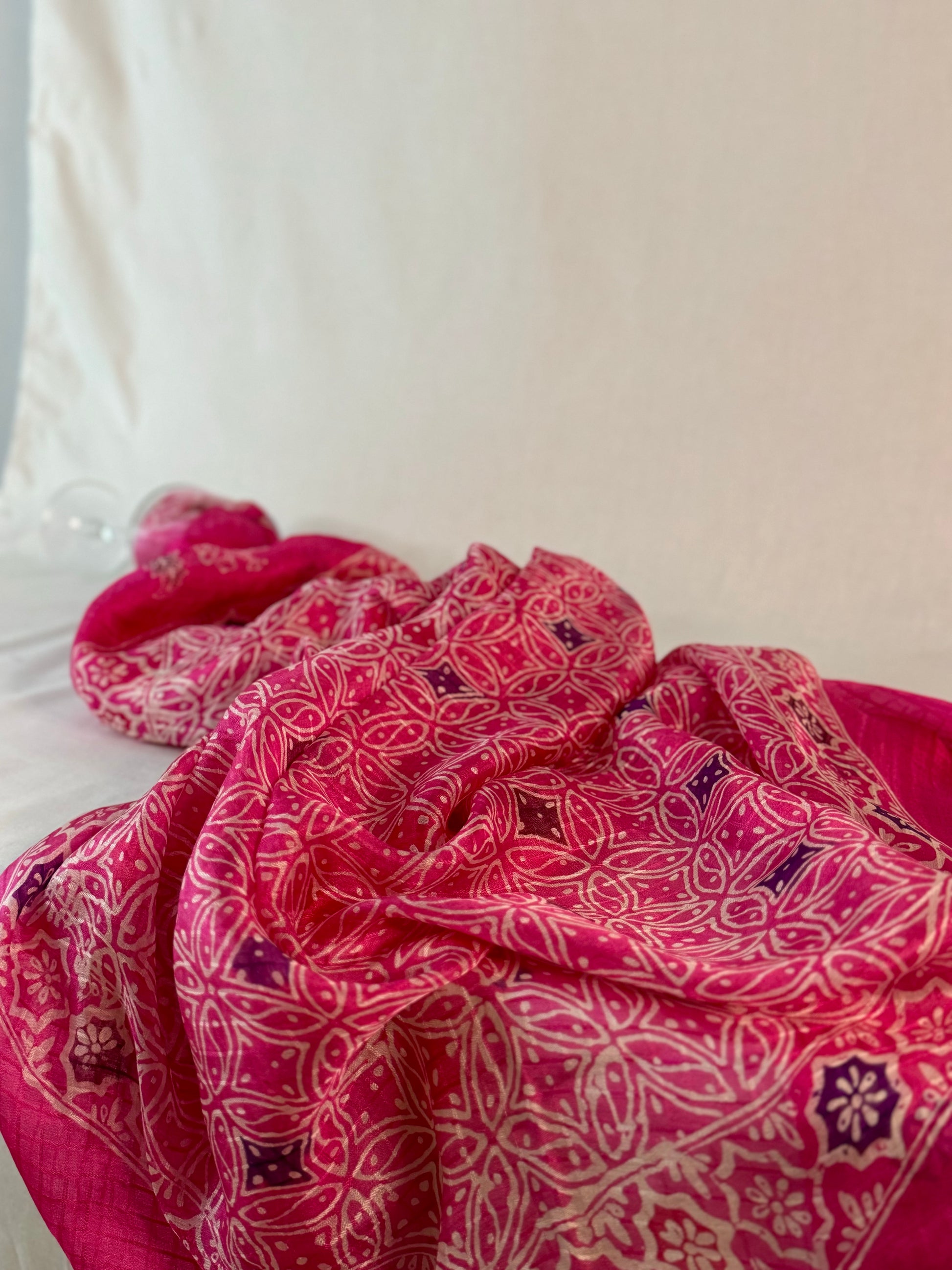 Pink Silk Chiffon Scarf Hand Stamped Batik Styled Shoot| Mutiara Heritage