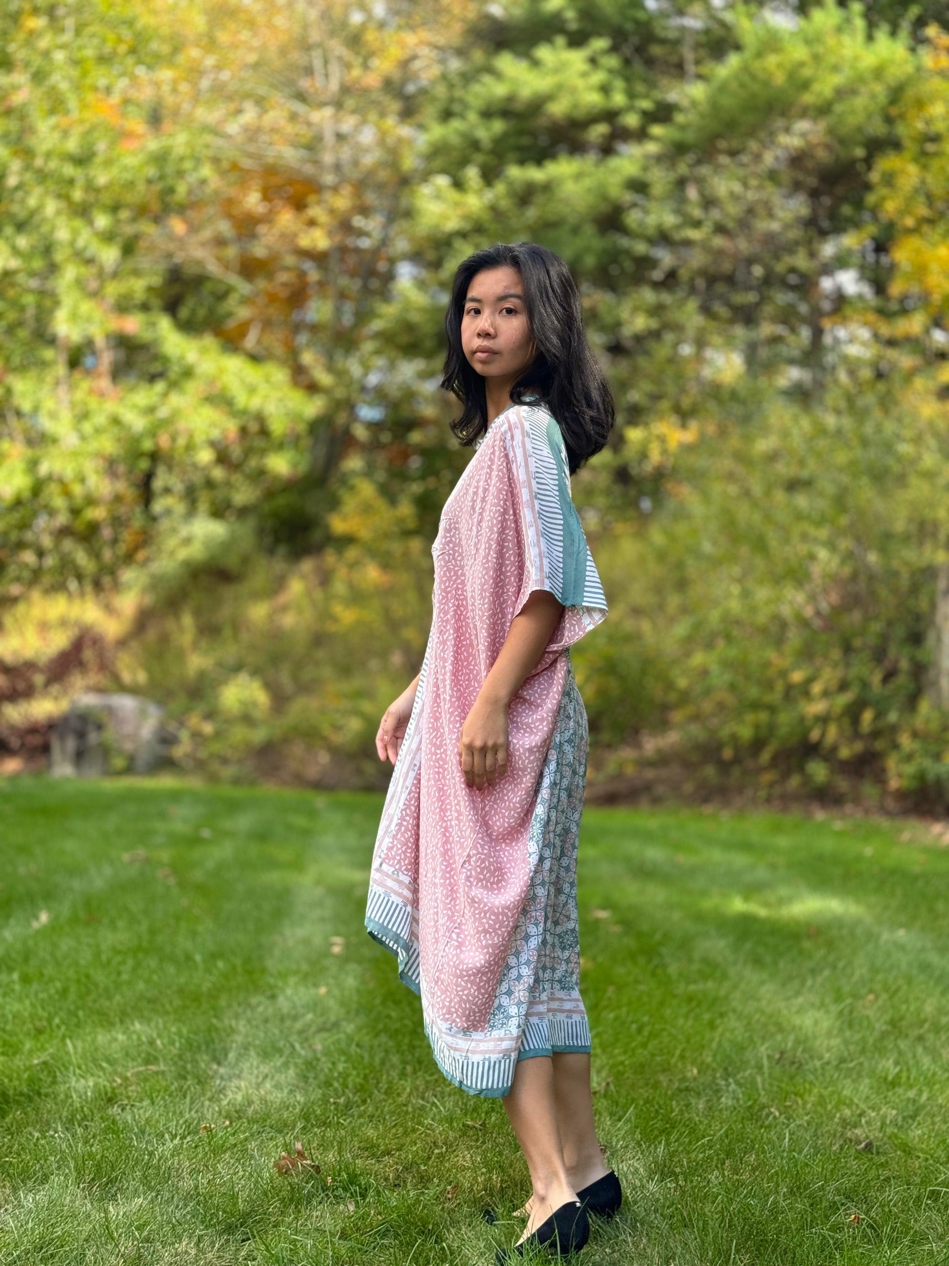 Pink and Blue Cotton Kaftan Tunic Dress -Beach Coverup | Mutiara Heritage