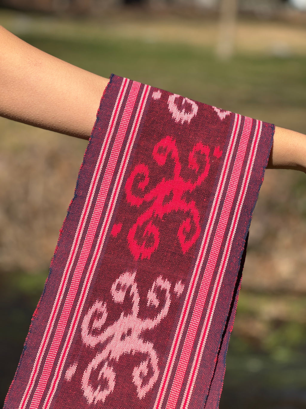 Pink and Red Handwoven Scarf Detailed Shot | Mutiara Heritage 
