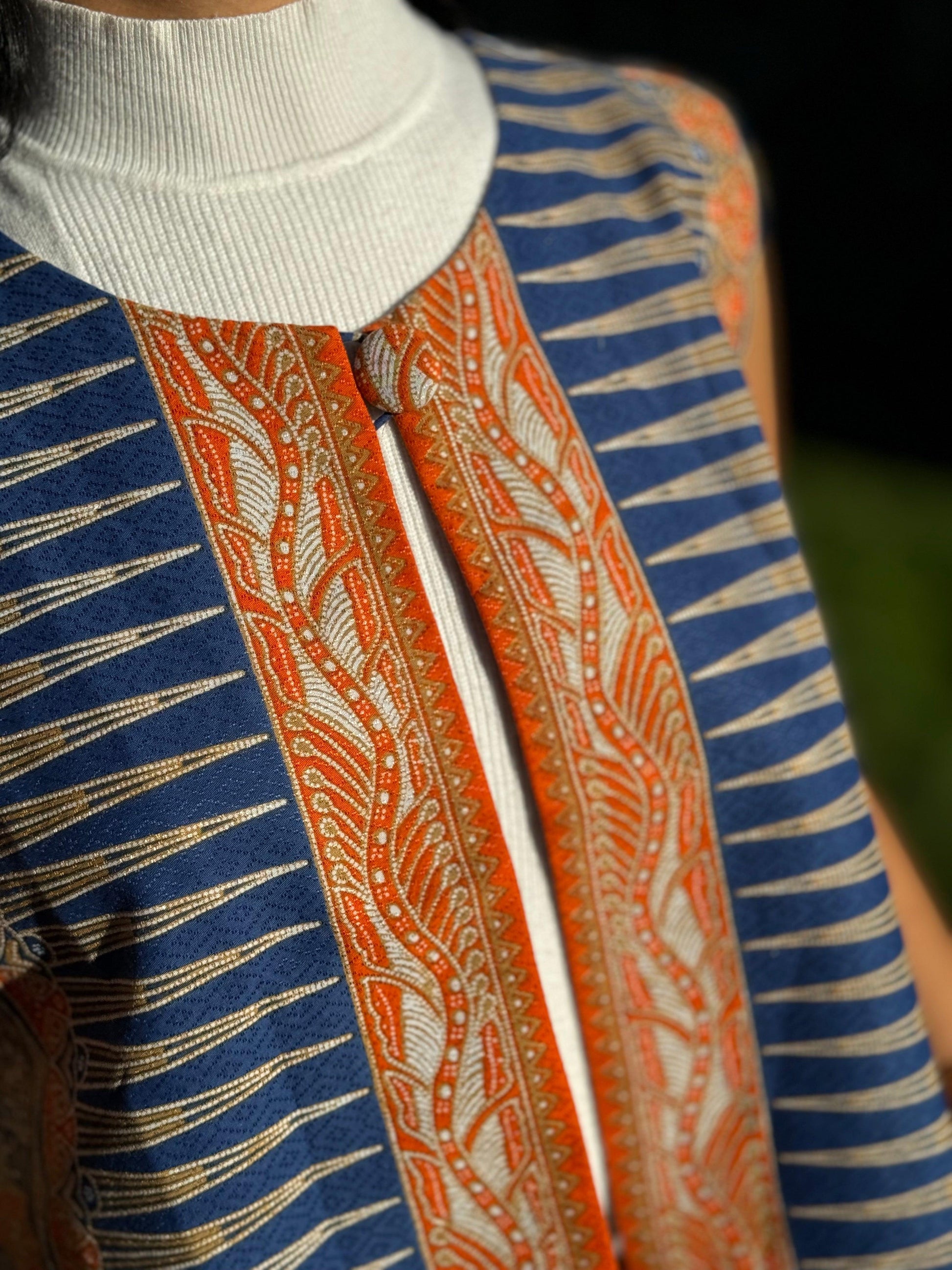 "Poppi" Orange and Blue Buttoned Sleeveless Vest - Mutiara Heritage