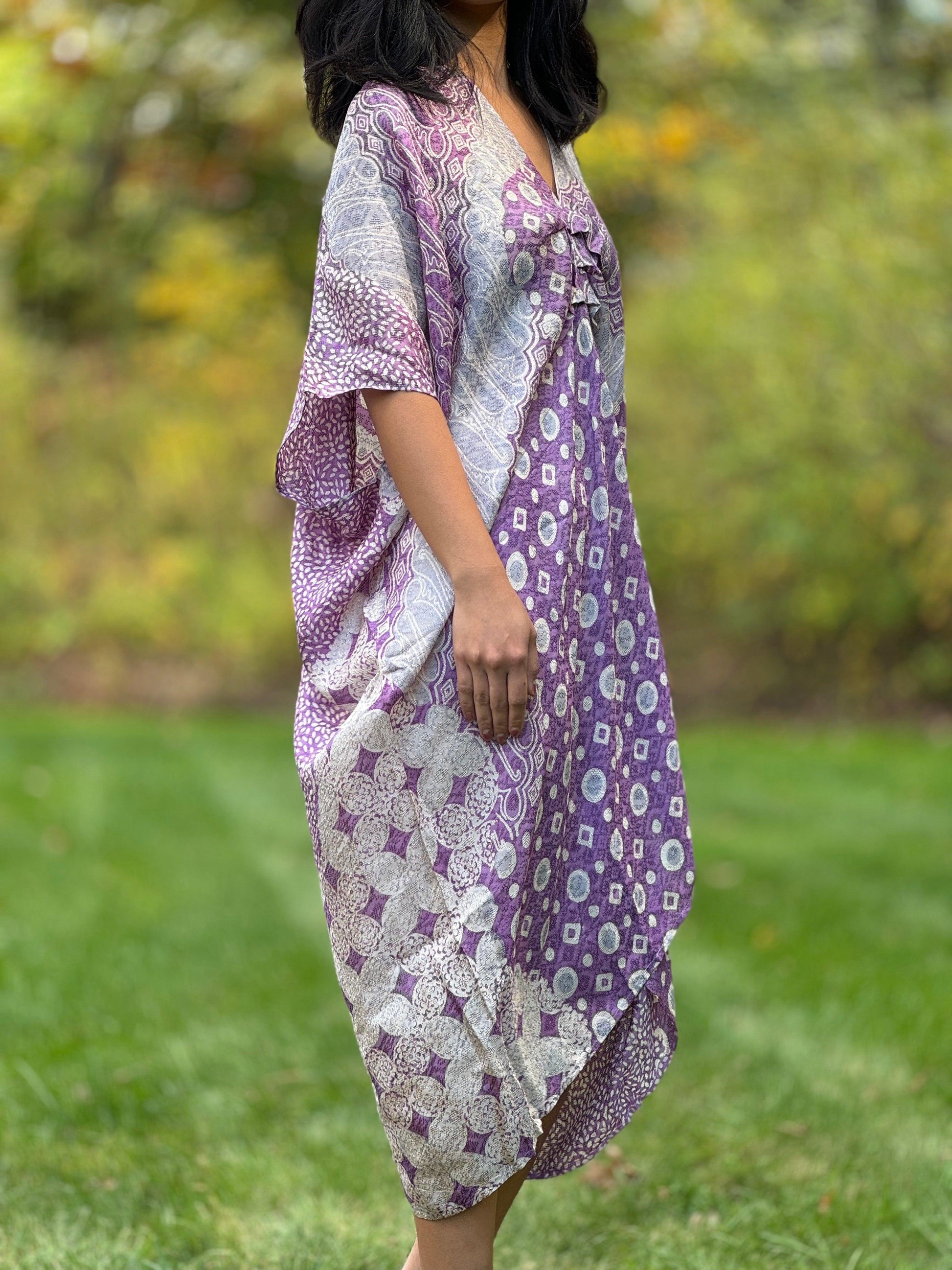 Side Shot of Purple Vicose Kaftan Tunic Dress Coverup - Mutiara Heritage