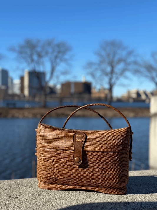 Rattan Crossbody Messenger Bag with Leather Strap - Mutiara Heritage