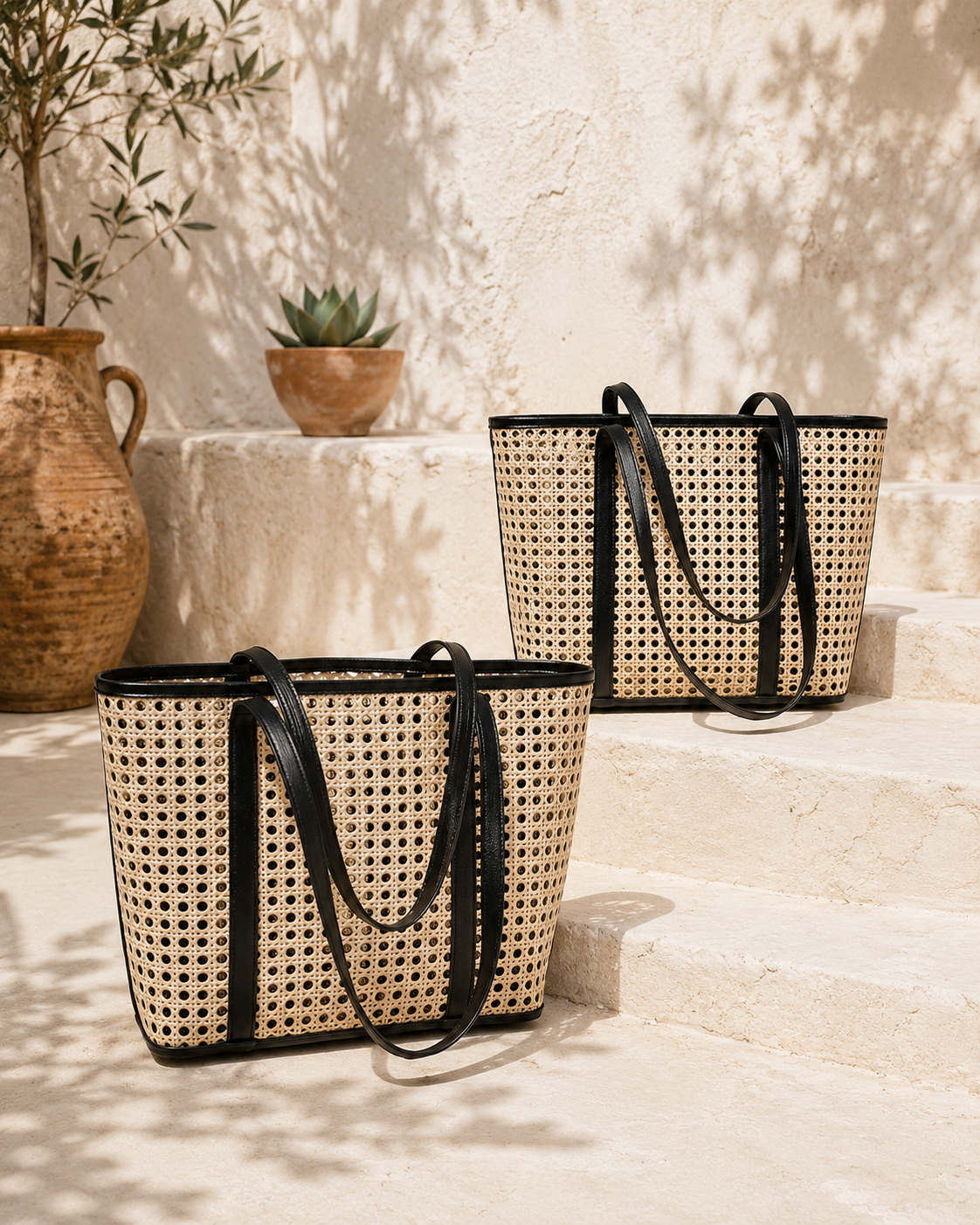 Two woven bags with black handles on a stone step with a neutral background