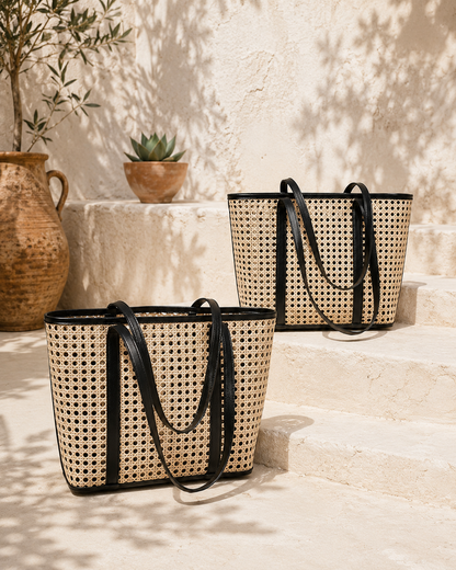 Two woven bags with black handles on a stone step with a neutral background