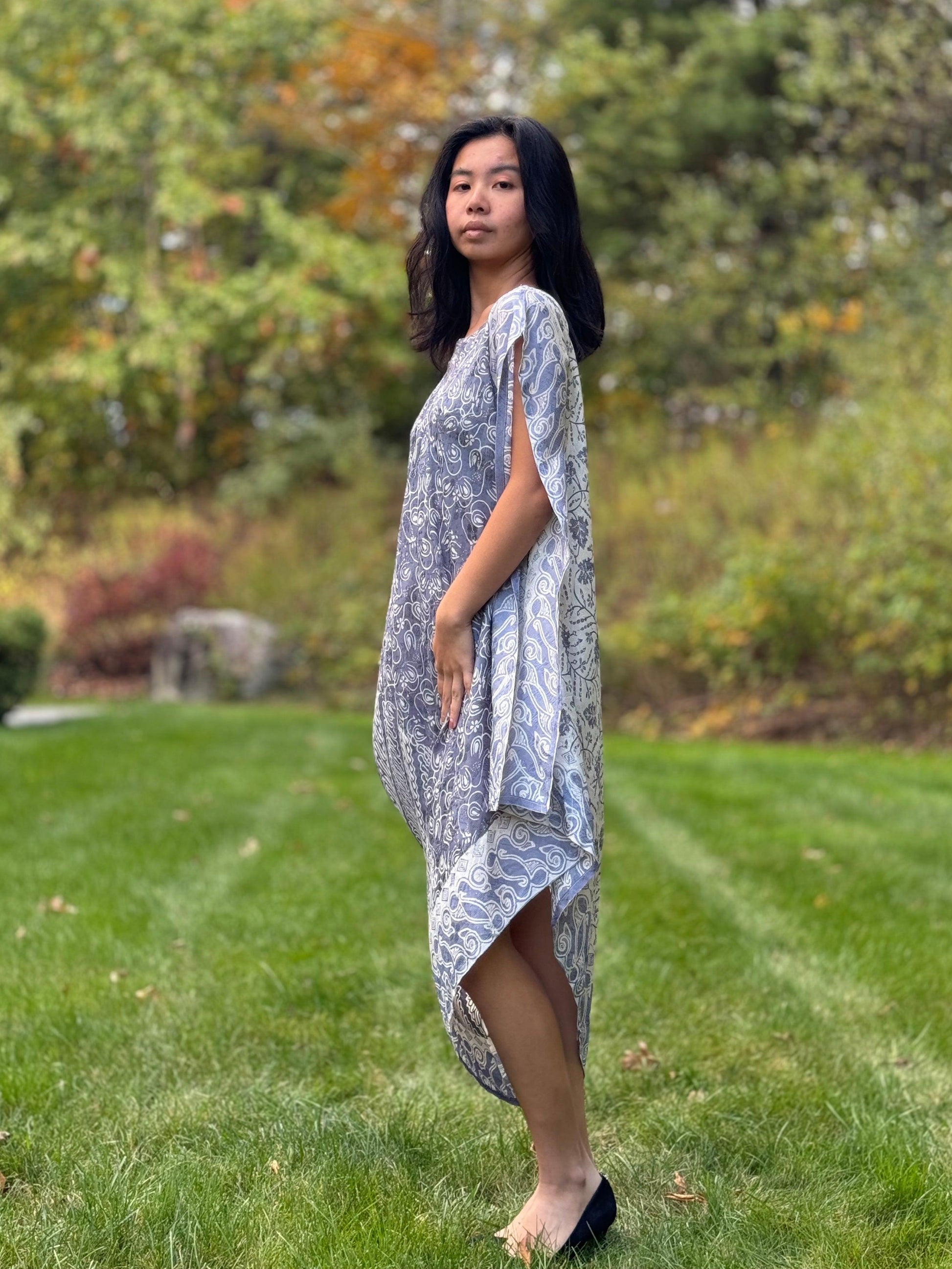 Side profile of the Light Blue Asymmetrical Viscose Caftan Tunic Dress Cover Up - Mutiara Heritage