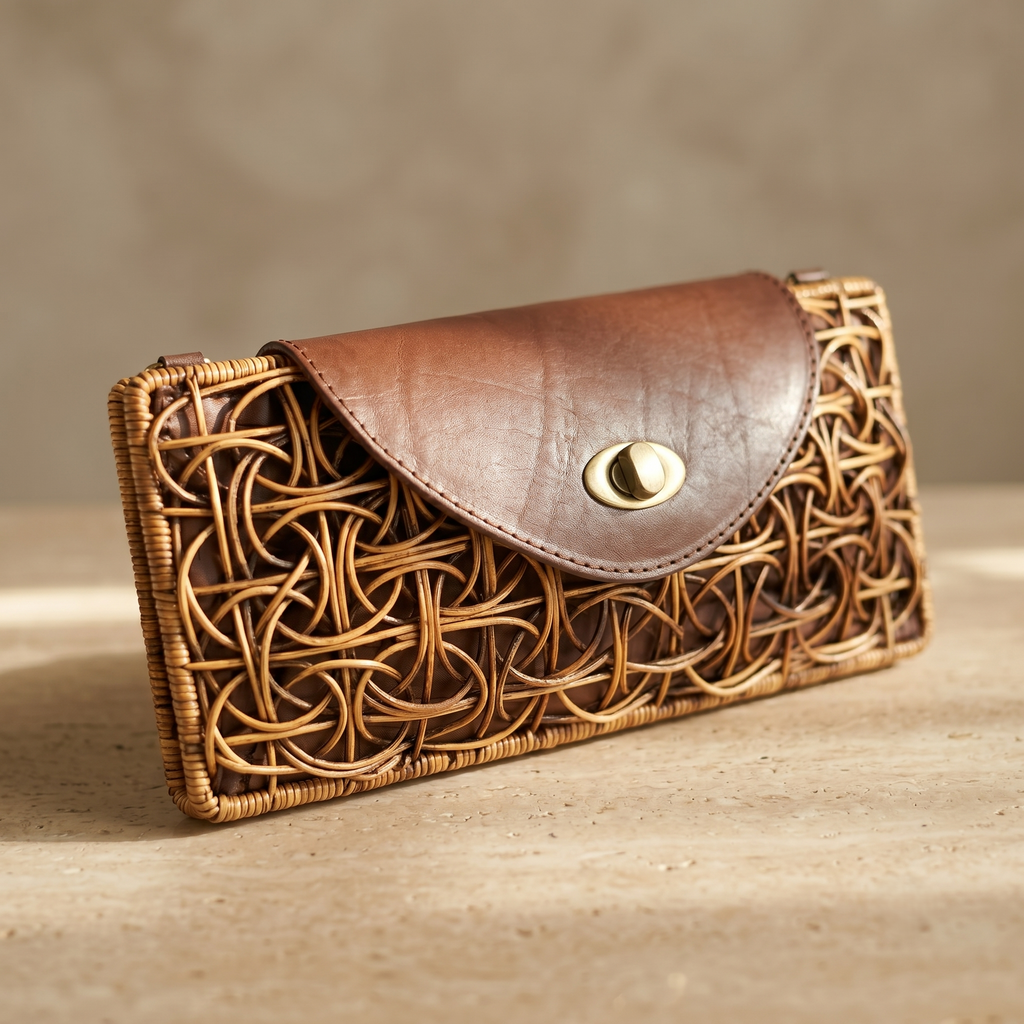 Woven brown clutch bag on a wooden surface with a blurred background