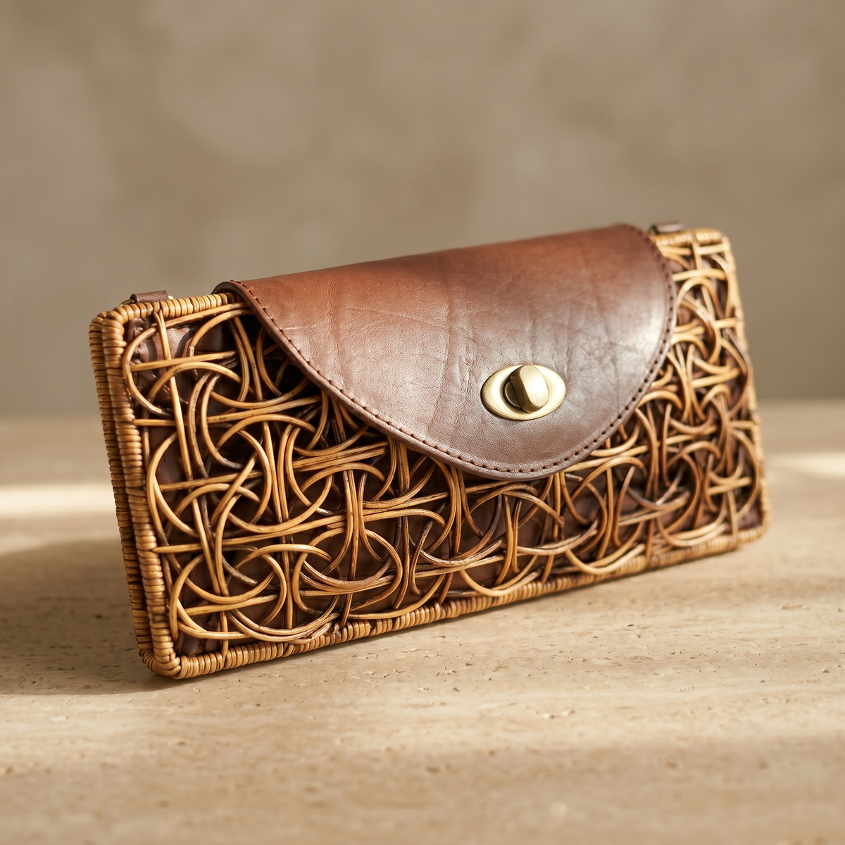 Woven brown clutch bag on a wooden surface with a blurred background