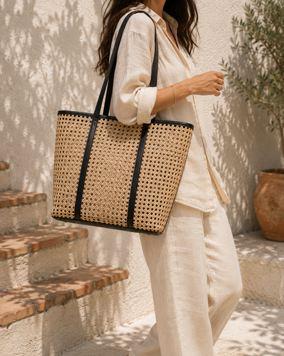 Person holding a woven tote bag outdoors on a sunny day