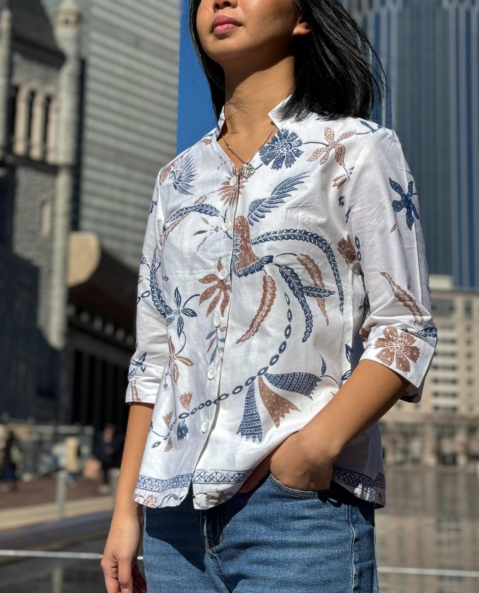 White Batik Shirt with Bird and Flower Pattern  Detailed Shot- Mutiara Heritage
