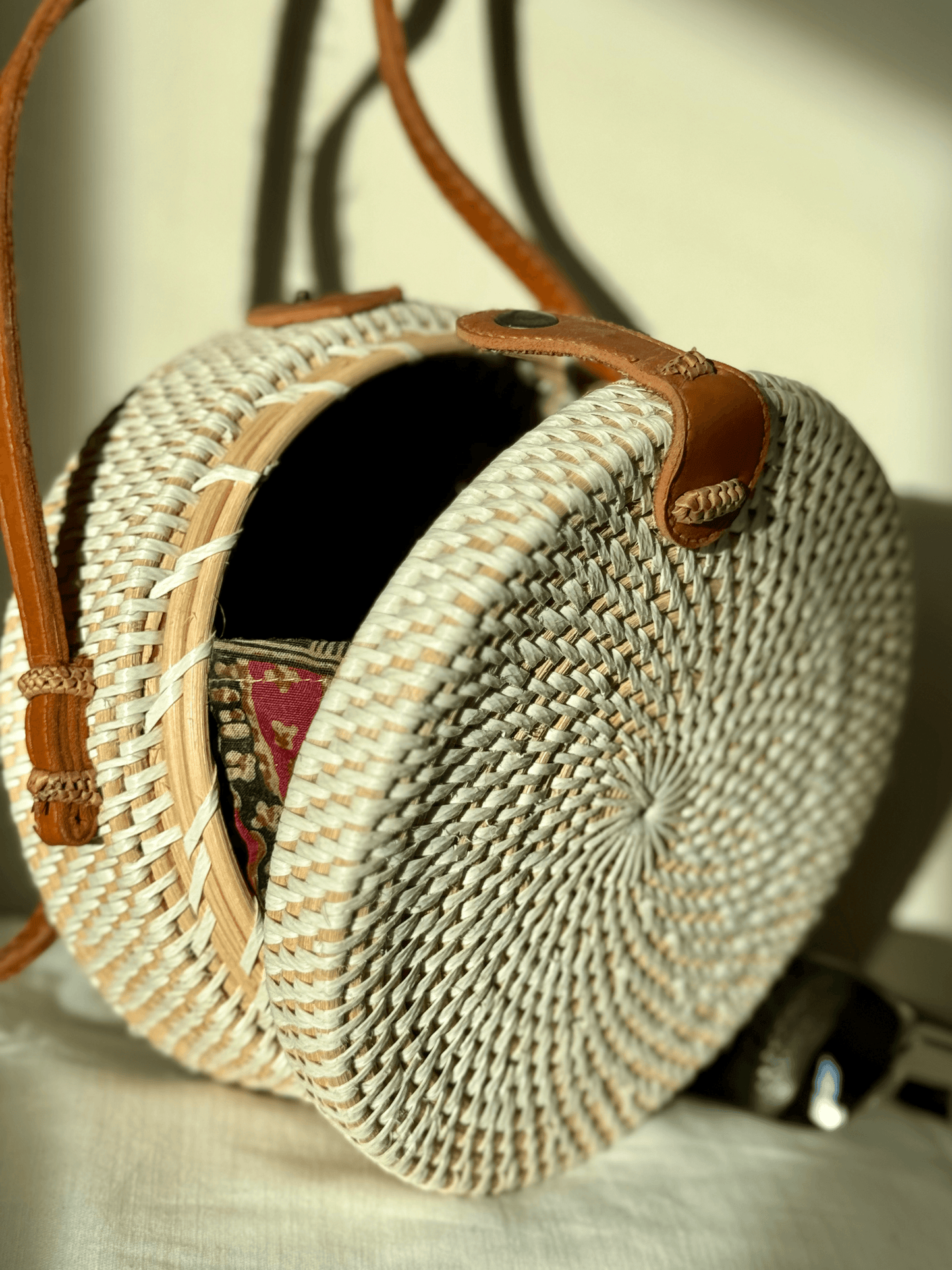 White Rattan Round Bag Interior Shot | Mutiara Heirtage